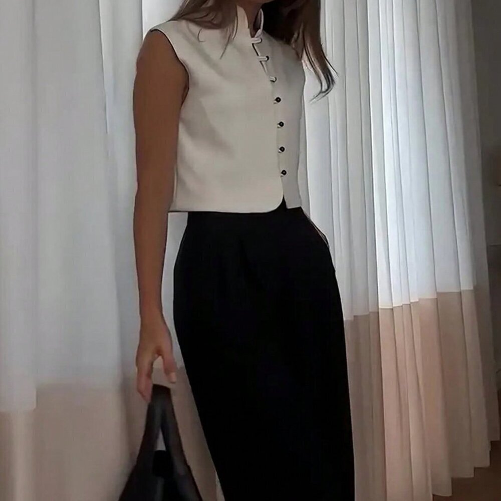 White Casual Women's Elegant Sleeveless Double-Breasted Woven Top - Picture 6 of 6